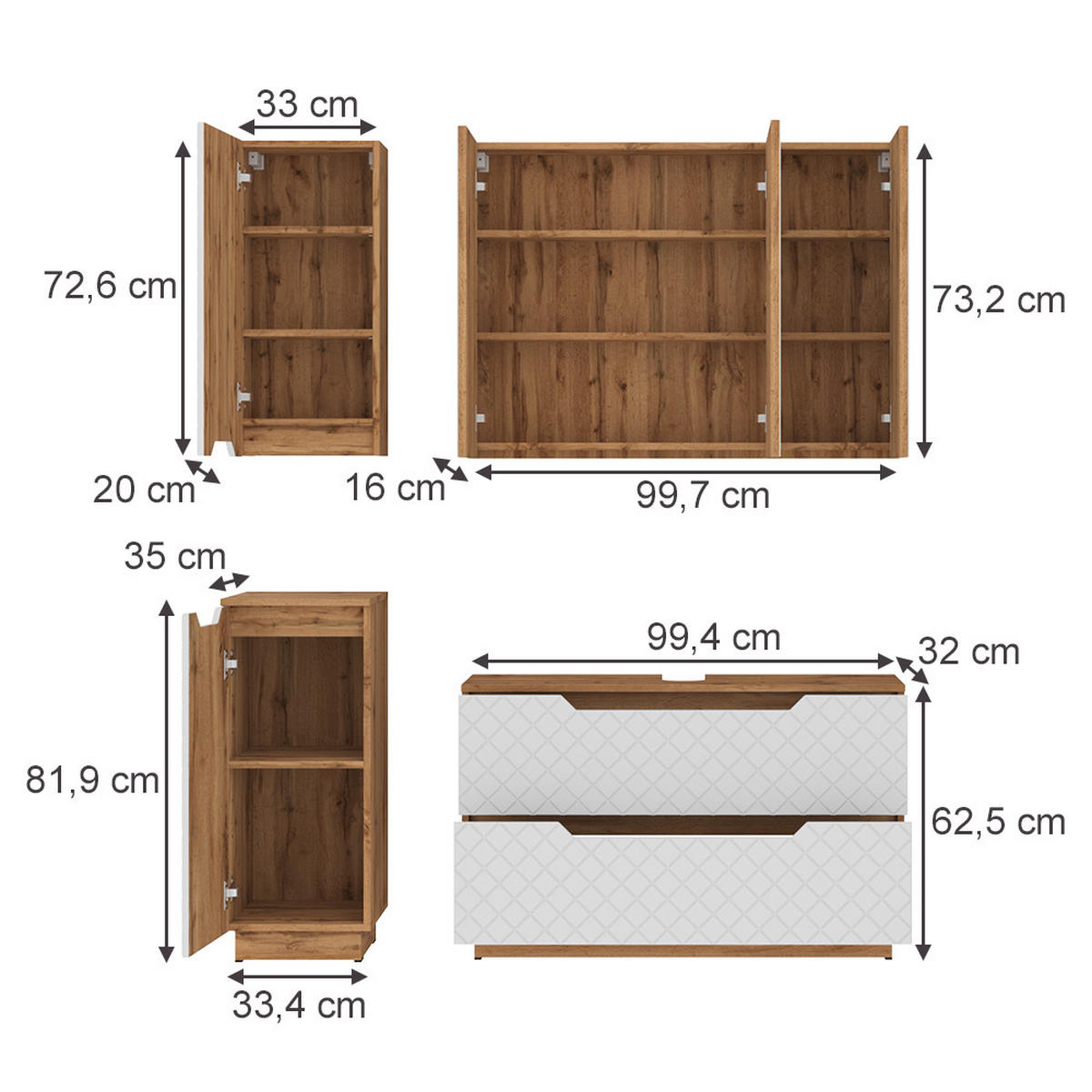 BADMÖBEL-SET Lotta Eiche/Weiß mit Kachelstruktur 4 Teile - Eichefarben/Weiß, Holzwerkstoff (99.4/62.5/32cm) - Vicco