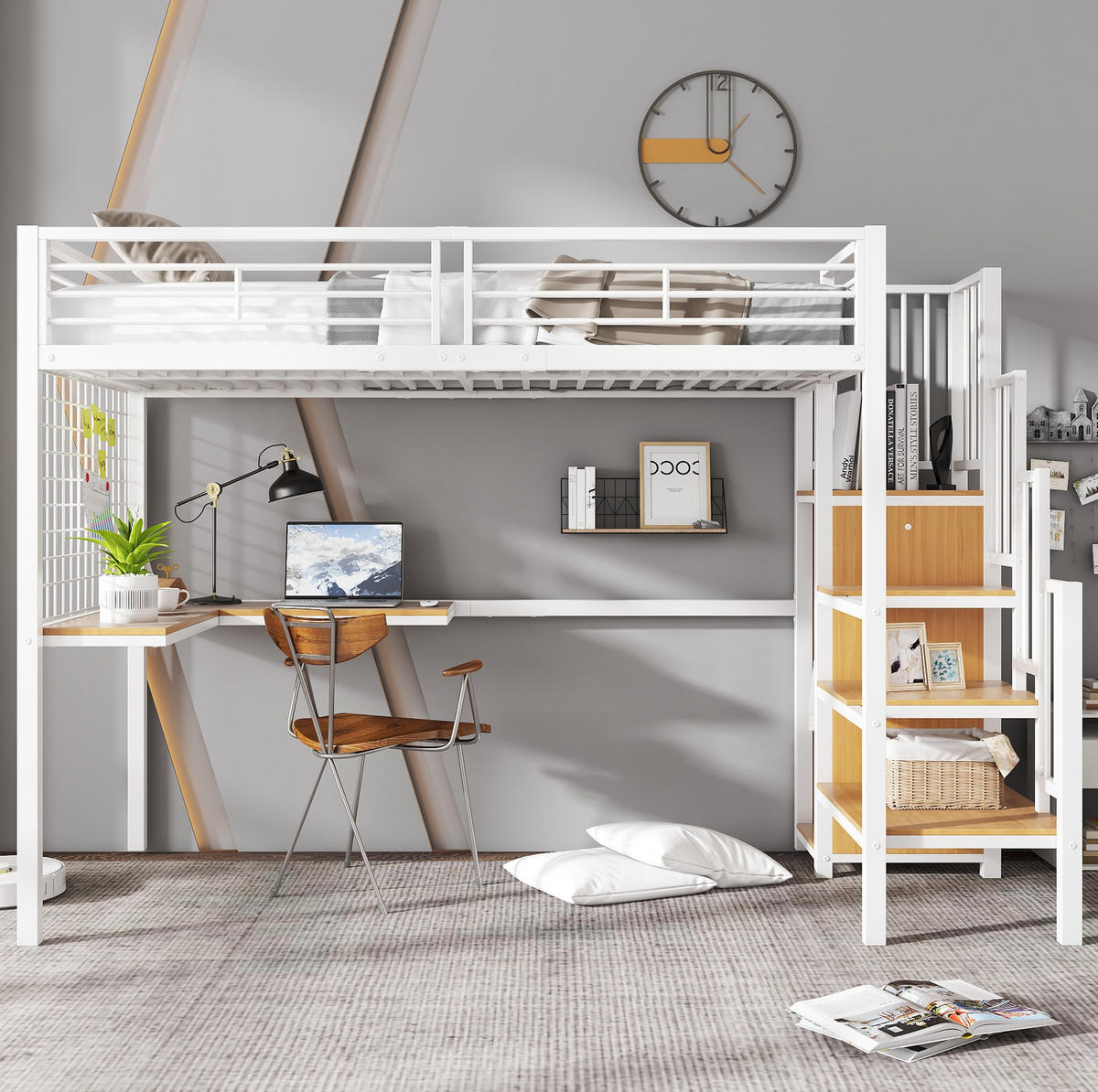 VYSOKÁ posteľ 90/200 cm biela/prírodná s písacím stolom a šatníkom z kovu a MDF - biela, kompozitné drevo (90/200cm) - OKWISH