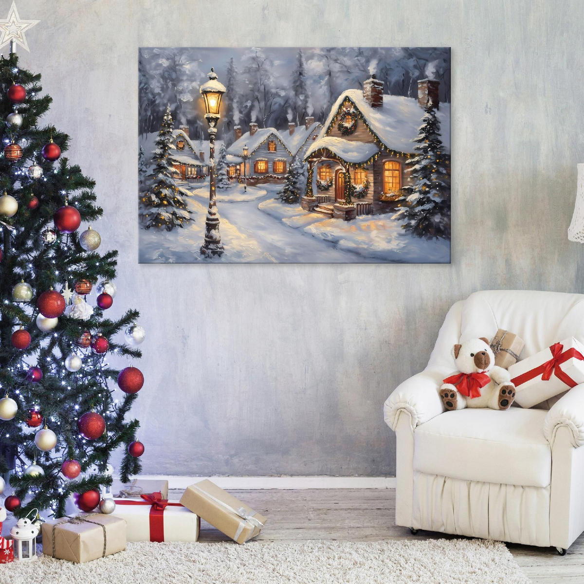 LEINWANDBILD Stadt Winter Blau 120x80 cm - Multicolor, Holzwerkstoff (120/80cm) - Wallarena