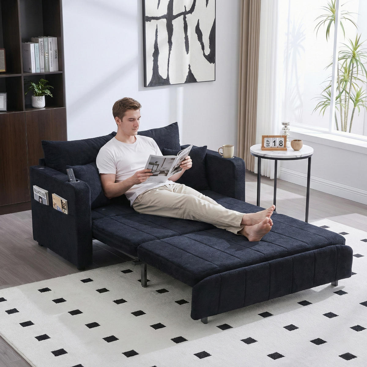 SCHLAFSOFA Zweisitzer mit Schlaffunktion,ausziehbar,Chenille,Schwarz - Schwarz, Textil (73/83/139cm) - LVHOM