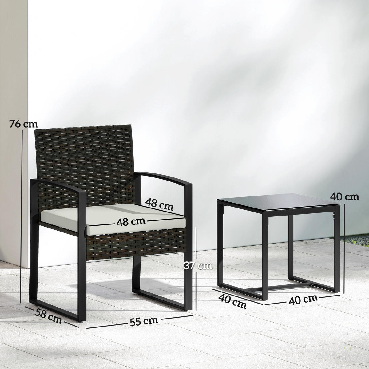 BISTROSET 3 TLG. aus PE-Rattan, Cremeweiß - Creme/Schwarz, Textil/Metall - Outsunny