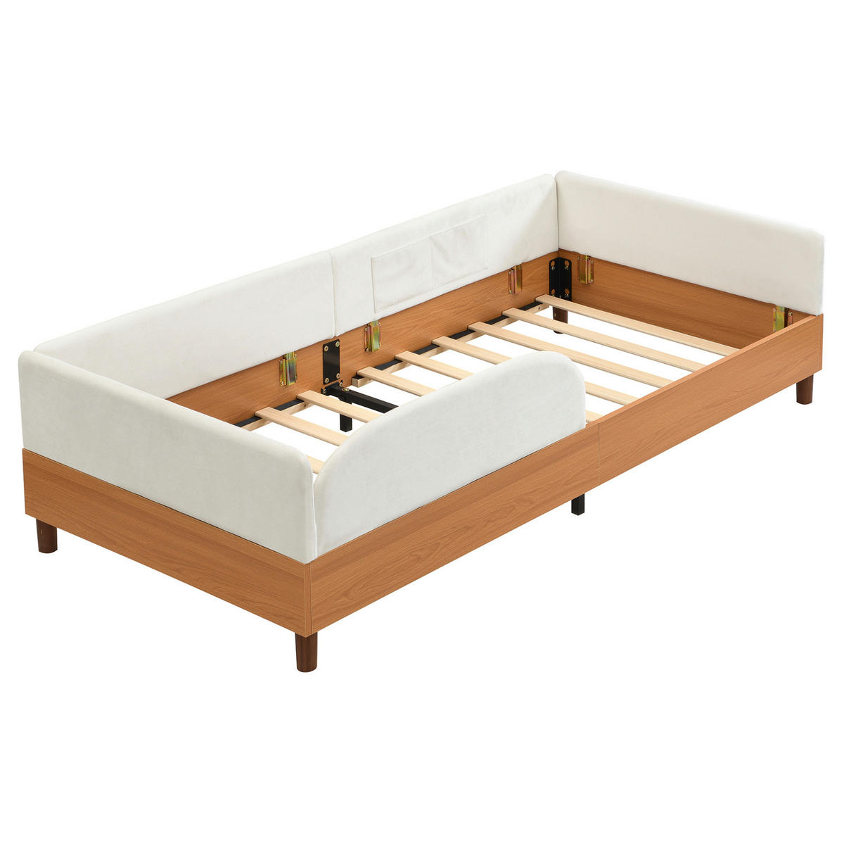 ČALÚNENÁ posteľ z velúru a dreva 90x200 cm biela s 2 úložnými vreckami, ochranným okrajom a stabilným rámom - prírodná farba, textil (90/200cm) - Modfu