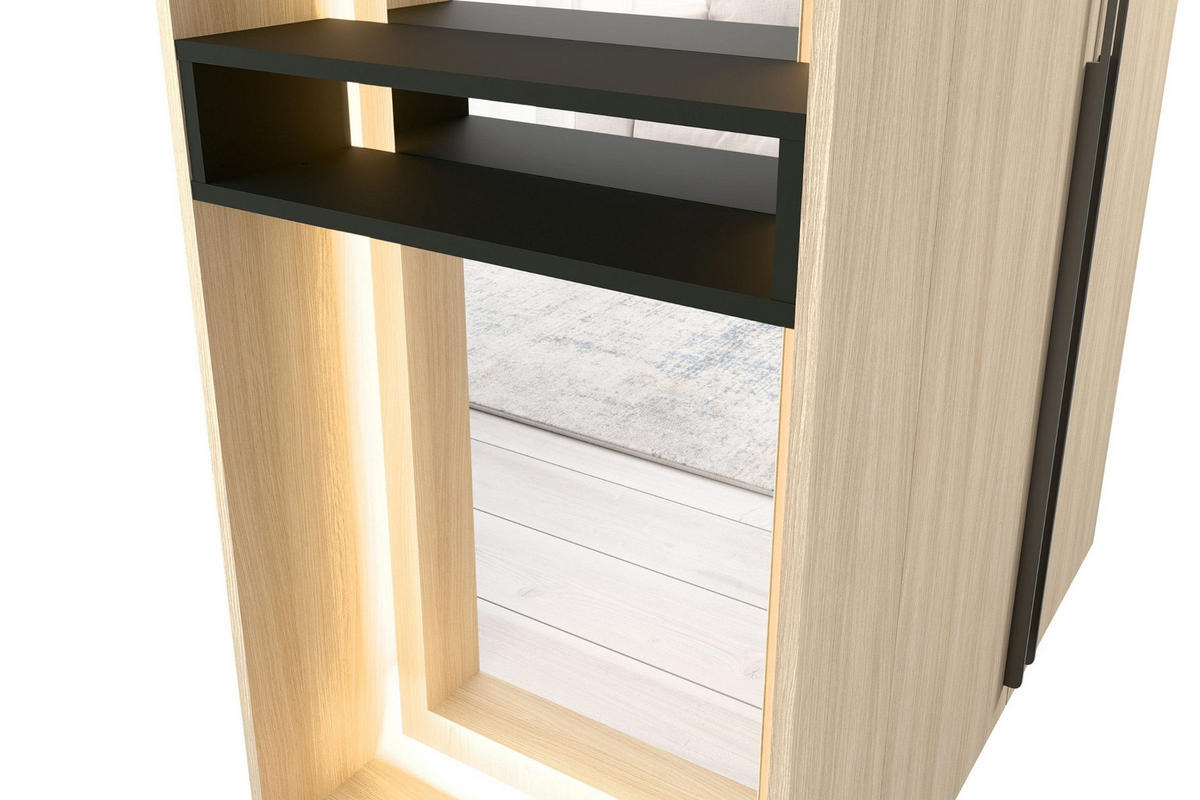 GARDEROBENSCHRANK BERTA 110 cm in Eiche Barista mit Kleiderstange, Spiegel und LED - Eichefarben, Holzwerkstoff (111/207/60cm) - Deine Möbel 24
