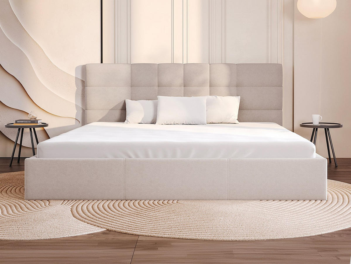 BETT mit Bettkasten - 2 Personen - Stoff - Beige - Beige, Textil (200/200cm) - Vente-Unique