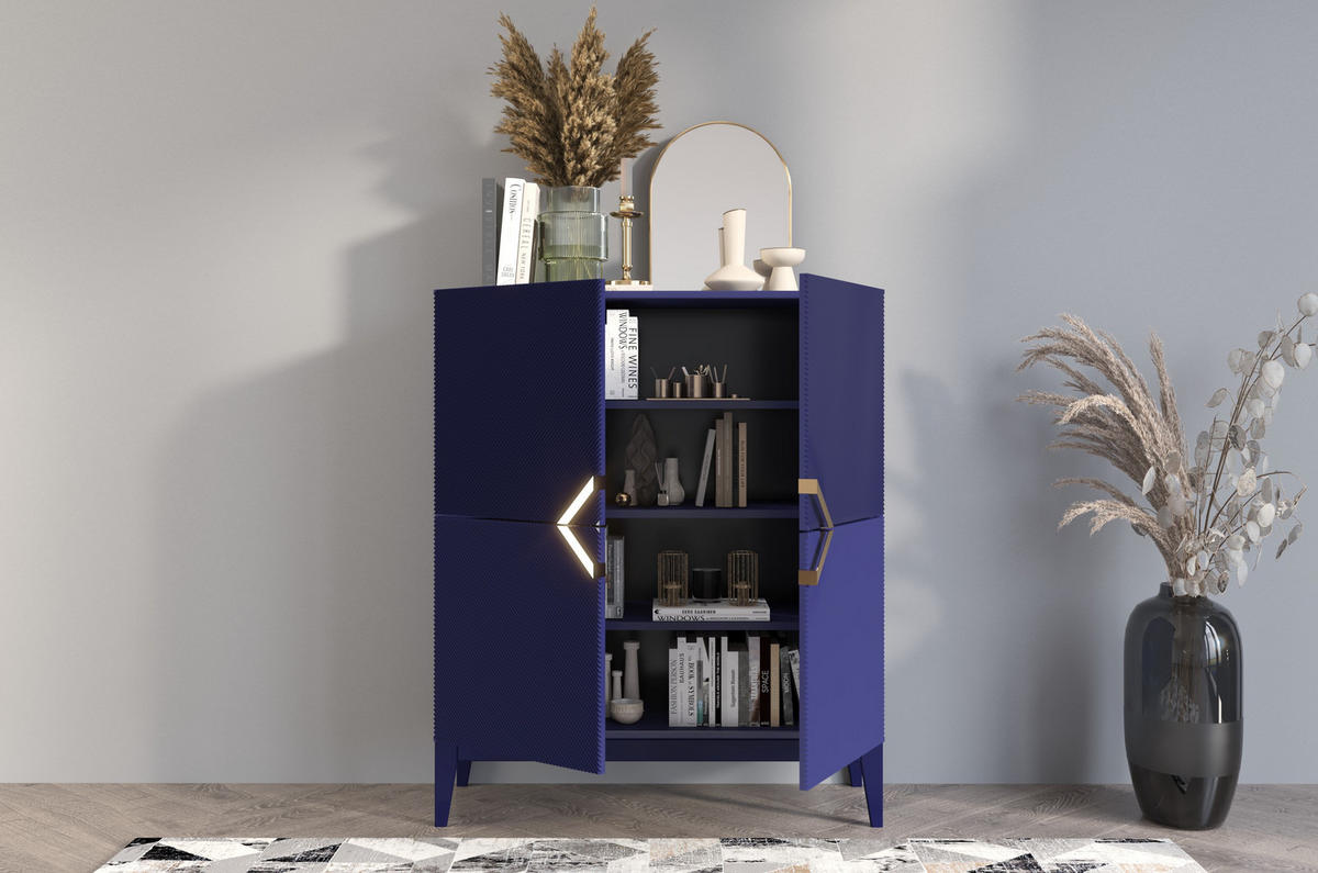 HIGHBOARD Demi High, Marinblau-Gold, Mit Gefrästen Fronten, Massive Buche - Dunkelblau, Holz/Holzwerkstoff (100.5/120.5/42cm) - Visby
