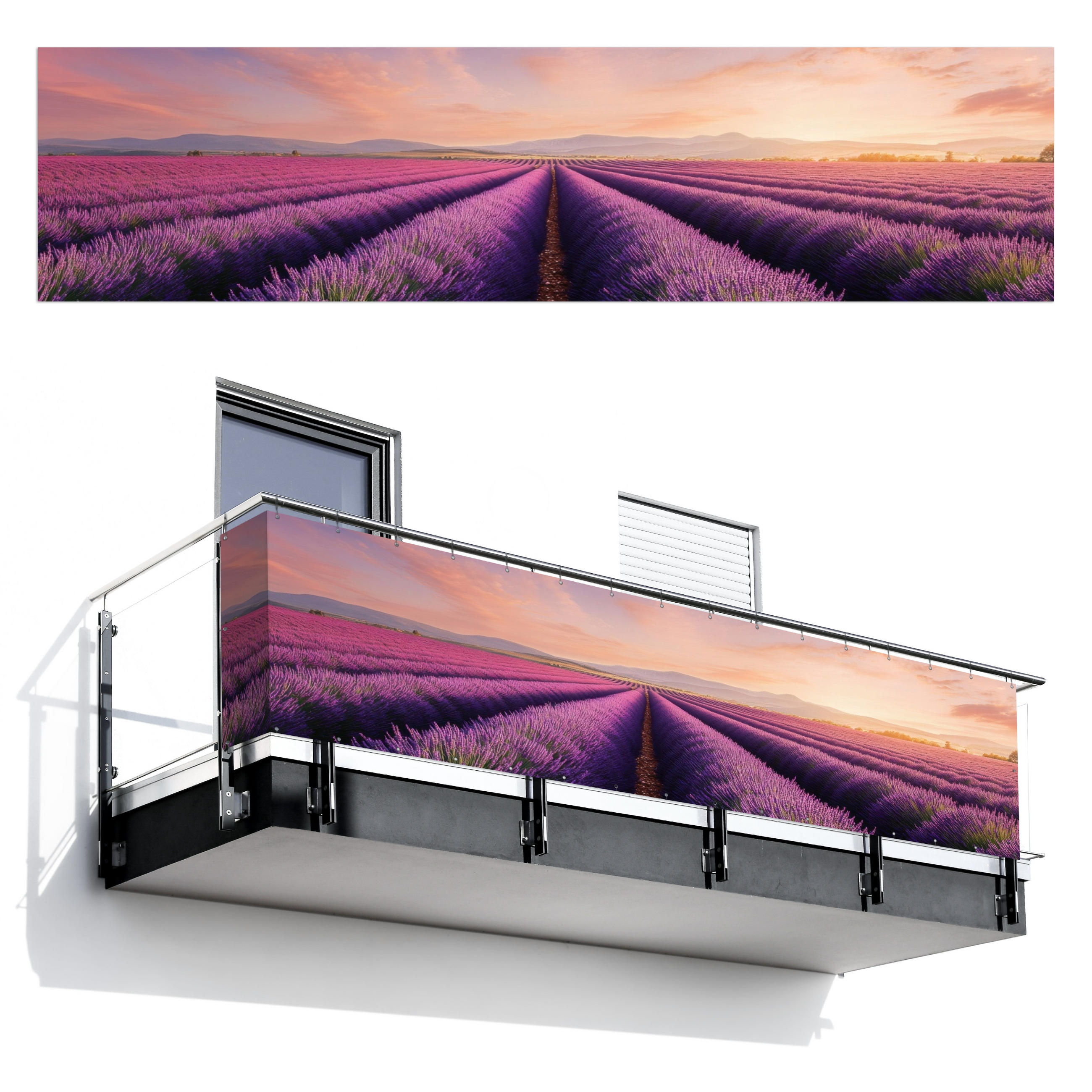 BALKON-SICHTSCHUTZ Lavendelfeld - Sonnenuntergang - Lila - Blumen - Violett, Kunststoff (500/120cm) - MuchoWow