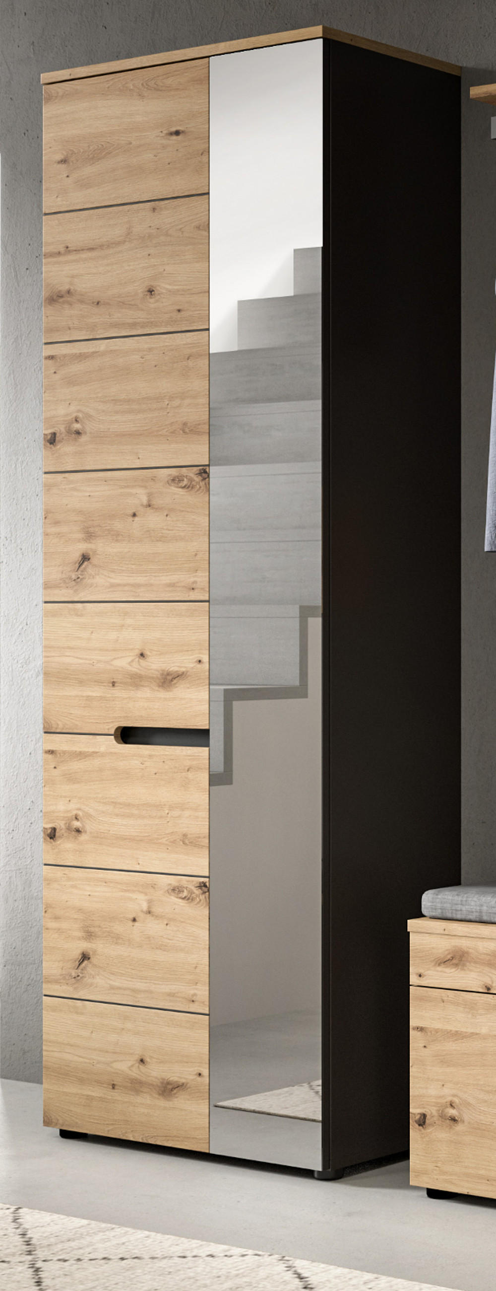 GARDEROBENSCHRANK Schuhschrank Eiche Artisan grau 65 cm mit Soft-Close - Schwarz/Eiche Artisan, Glas/Holz (65/190/37cm) - Inn.Furn
