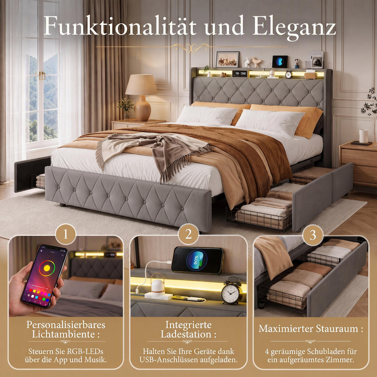 POLSTERBETT, LED-Beleuchtung Doppelbett 140x200cm mit Ladefunktion und 4 Schubladen, Samt, grau - Grau, Holz/Holzwerkstoff (140/200cm) - GENKI LIVING