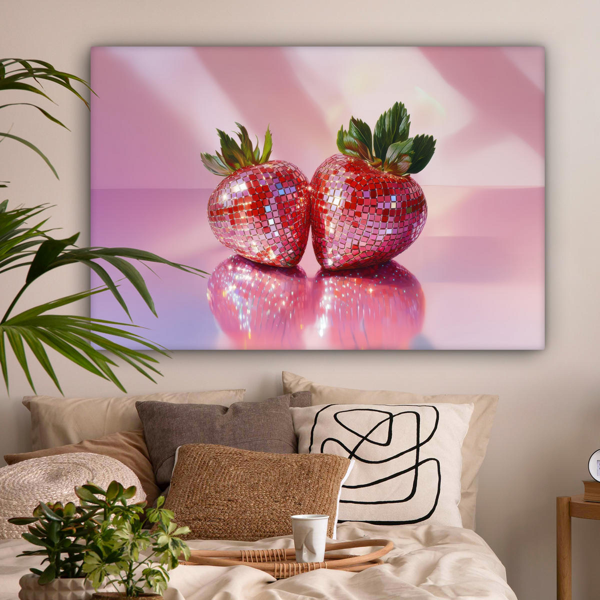 LEINWANDBILD Disco - Obst - Glitzer - Erdbeere Groß 140x90 cm - Pink, Textil (140/90cm) - MuchoWow