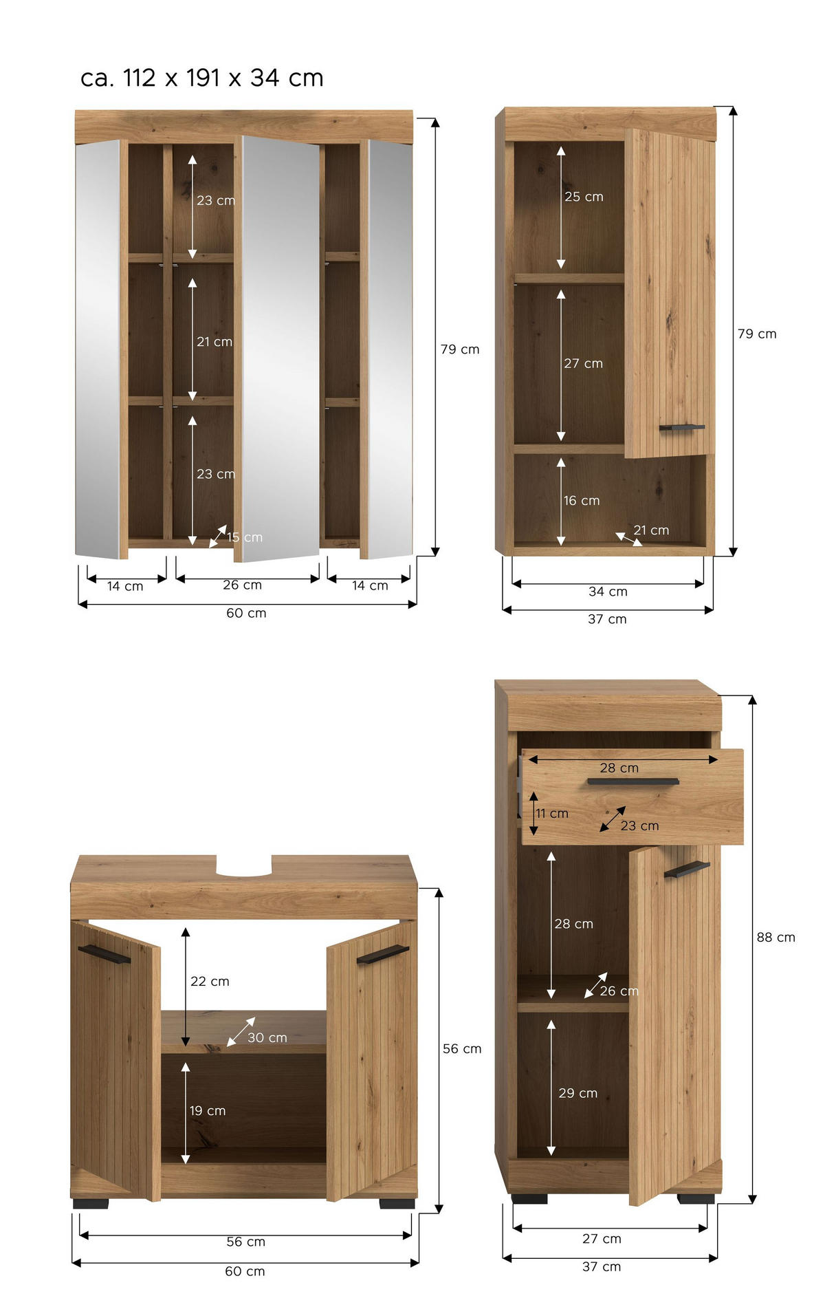 BADEZIMMER Vento 4-tlg. (B/H/T: ca. 112/191/94 cm) in Artisan Eiche /Artisan Eiche - Eiche Artisan, Holz (112/191/94cm)