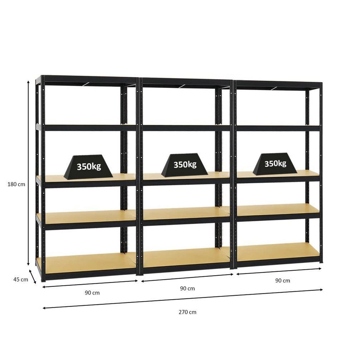 SCHWERLASTREGAL Slim Elephant S 3er-Set mit 3x 180x90x45 cm 5 Ebenen Fachlast 350 kg Schwarz - Schwarz, Metall (270/180/45cm) - PROREGAL