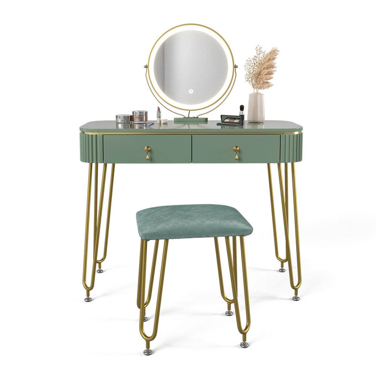 SCHMINKTISCH Grace Grün 100 cm mit LED Beleuchtung und Hocker - Grün, Holzwerkstoff (100/126/40cm) - Vicco