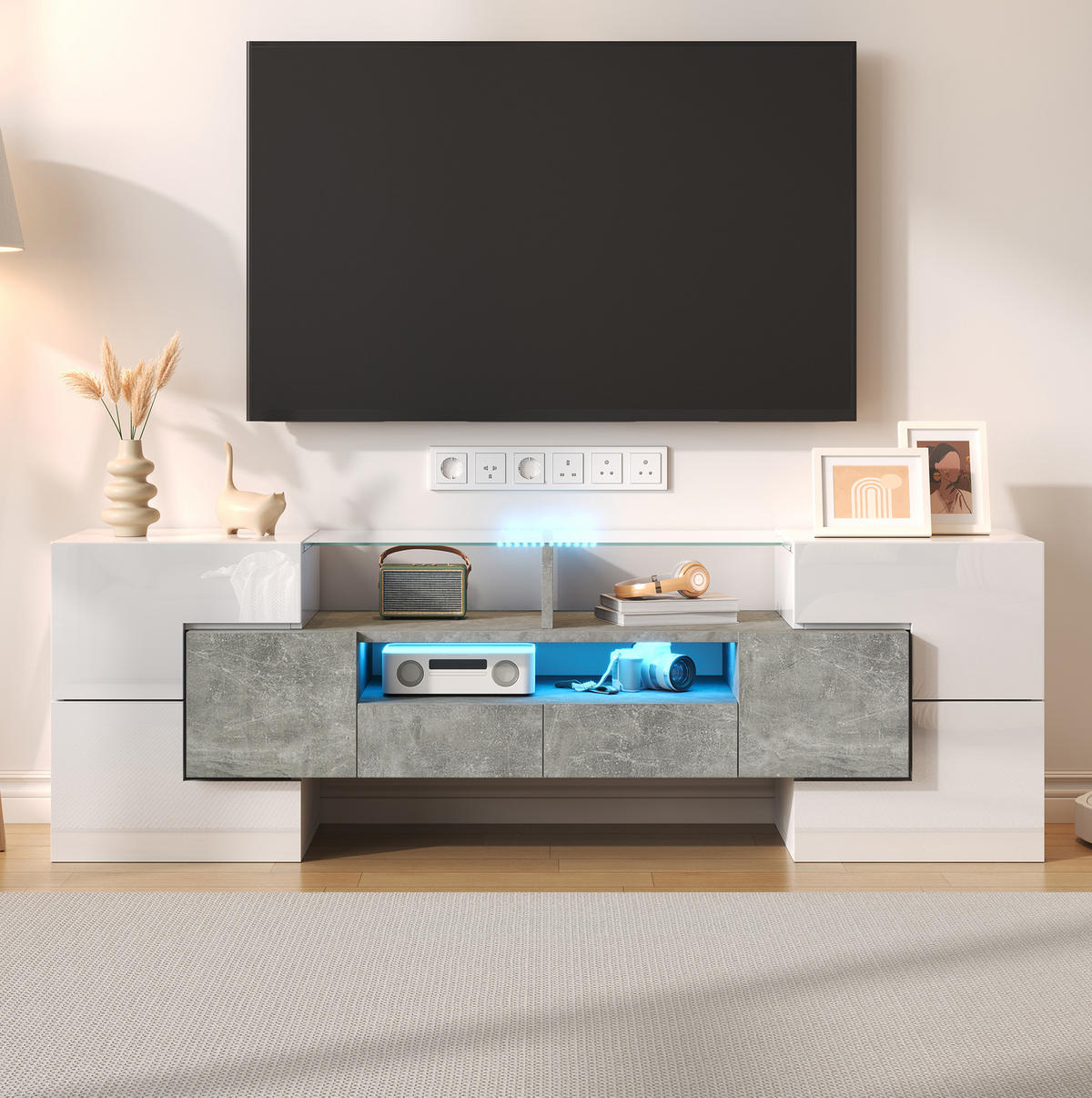 TV-SCHRANK in Hochglanz Weiß/Beton mit LED, 6 Türen und 2 Schubladen 145/30/51 cm - Weiß, Holzwerkstoff (145/51/30cm) - Redom