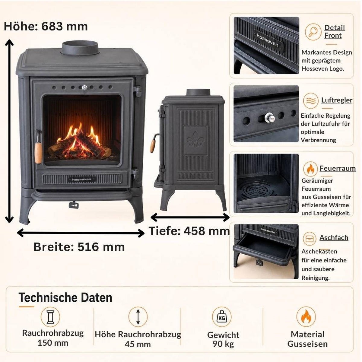 HOSSEVEN Kaminofen Holzofen Gusseisen 7 kW Holz Ofen Kamin 8005 Heizofen - Schwarz, Metall (51.6/68.3/45.8cm)