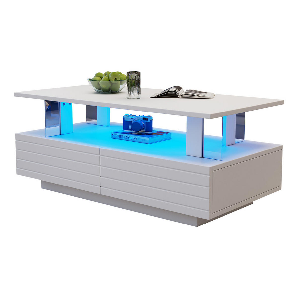 COUCHTISCH rechteckig LED mit Stauraum und Wireless Steuerung - Weiß, Holz (112.4/60.96/42.5cm) - FLIEKS