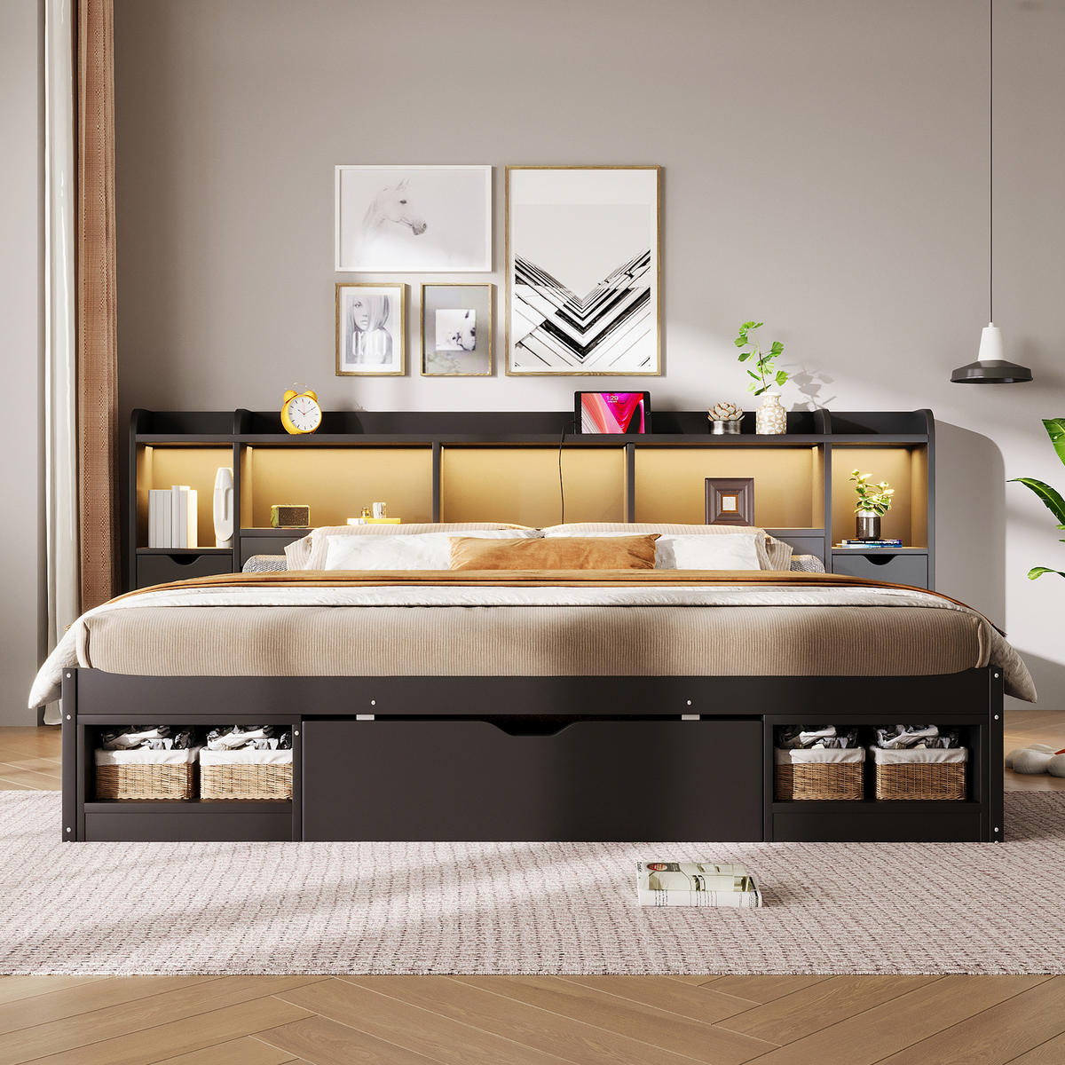 STAURAUMBETT 180 x 200 cm, Kopf- und Fußteil mit Stauraum, Schwarz - Schwarz, Holz (180/200cm) - KOMHTOM