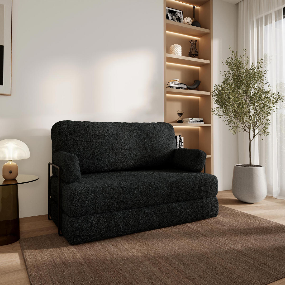 BETTSOFA KESTE aus Schaumstoff Bucle-Stoff Schwarz Schlaffunktion - Schwarz, Textil (140/86/60cm) - MASSENO