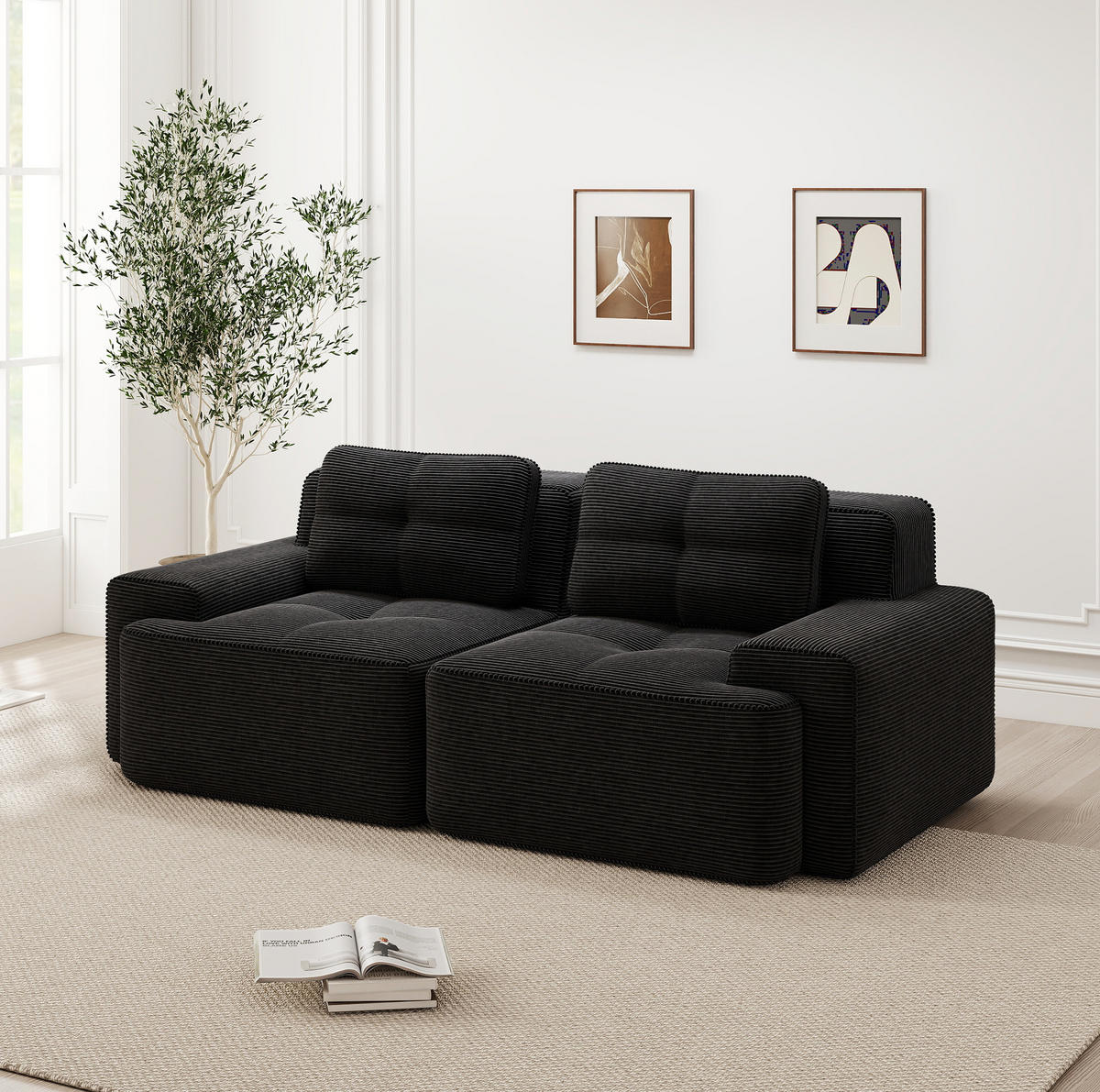 2-SITZER Sofa mit Tiefsitz, geschwungener Rückenlehne, rutschfester Basis und breiten Armlehnen, Schwarz - Schwarz, Textil (204/69/104cm) - Redom