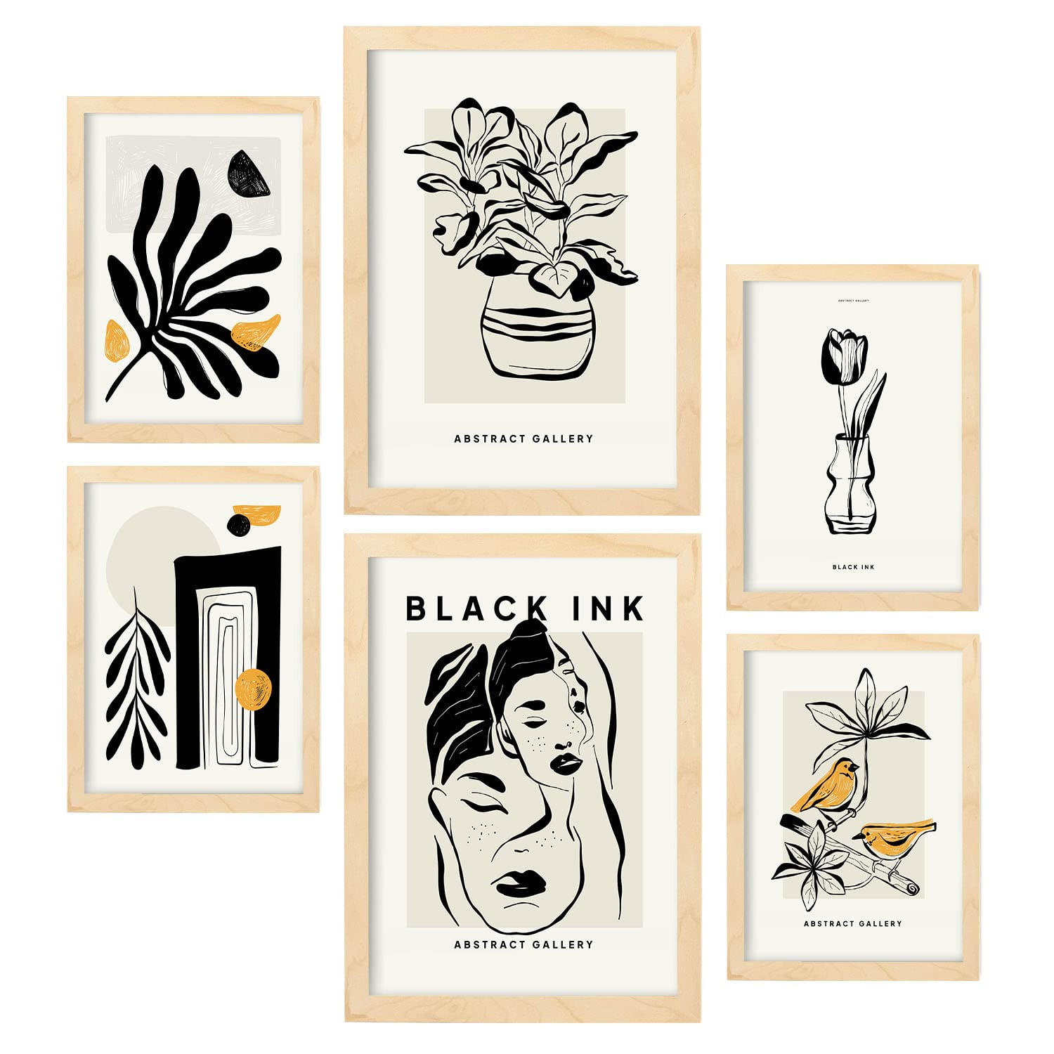 POSTER Set Mit 6 In Schwarzer Tinte Orientalisch Künstlerische Und Abstrakte Drucke Für Innenarchitektur A3 & A4 Rahmen Aus Hellem Holz - Beige, Papier (29/3cm) - Nacnic
