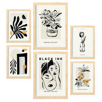 POSTER Set Mit 6 In Schwarzer Tinte Orientalisch Künstlerische Und Abstrakte Drucke Für Innenarchitektur A3 & A4 Rahmen Aus Hellem Holz - Beige, Papier (29/3cm) - Nacnic