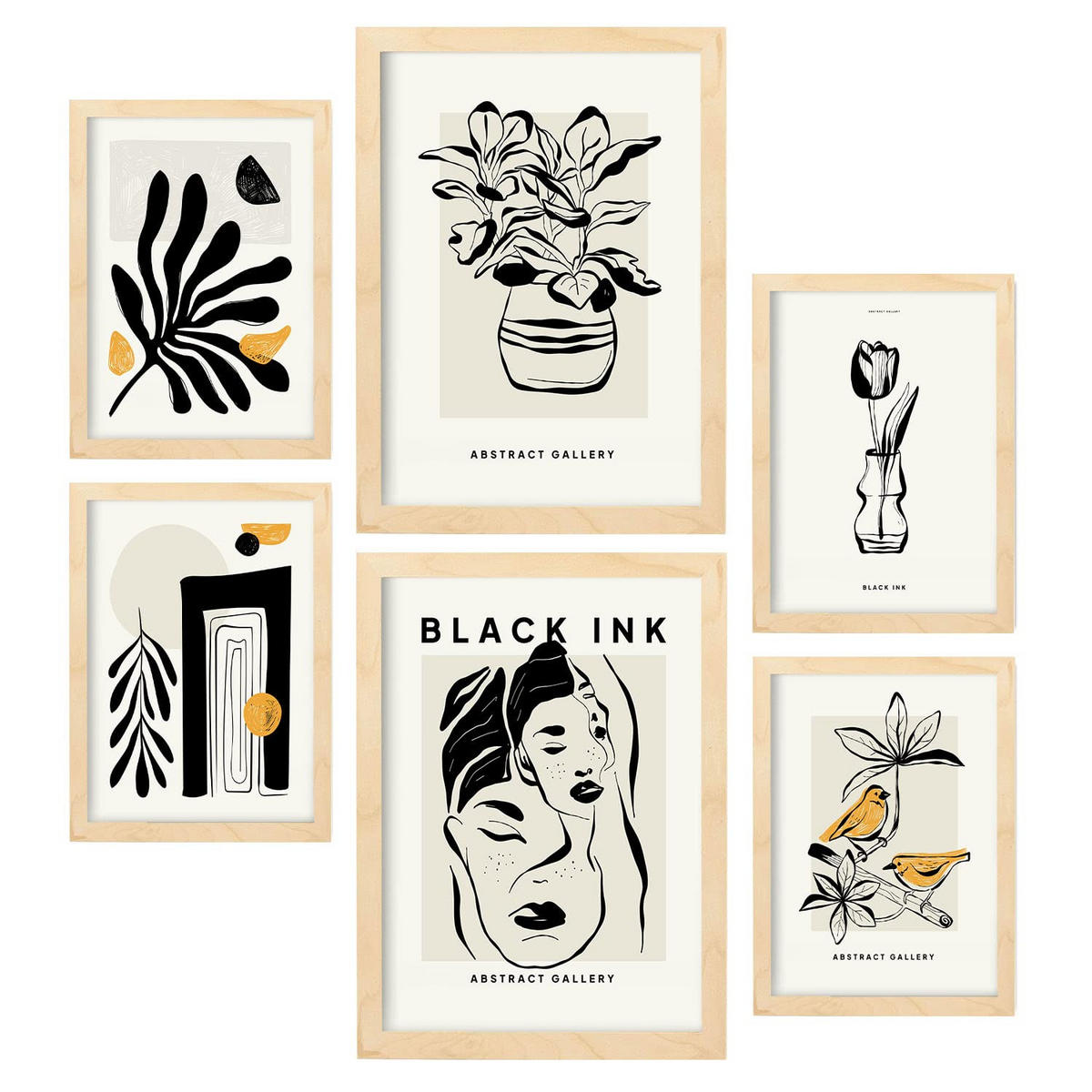 POSTER Set Mit 6 In Schwarzer Tinte Orientalisch Künstlerische Und Abstrakte Drucke Für Innenarchitektur A3 & A4 Rahmen Aus Hellem Holz - Beige, Papier (29/3cm) - Nacnic