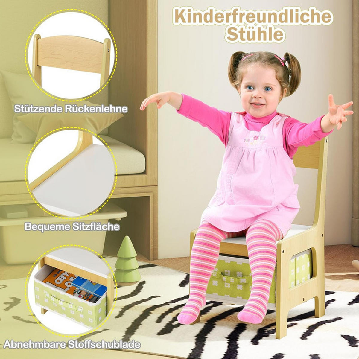 KINDERSITZ‑SET mit Stuhl grün(3-tlg) - Grün, Holzwerkstoff (62/48/62cm) - COSTWAY