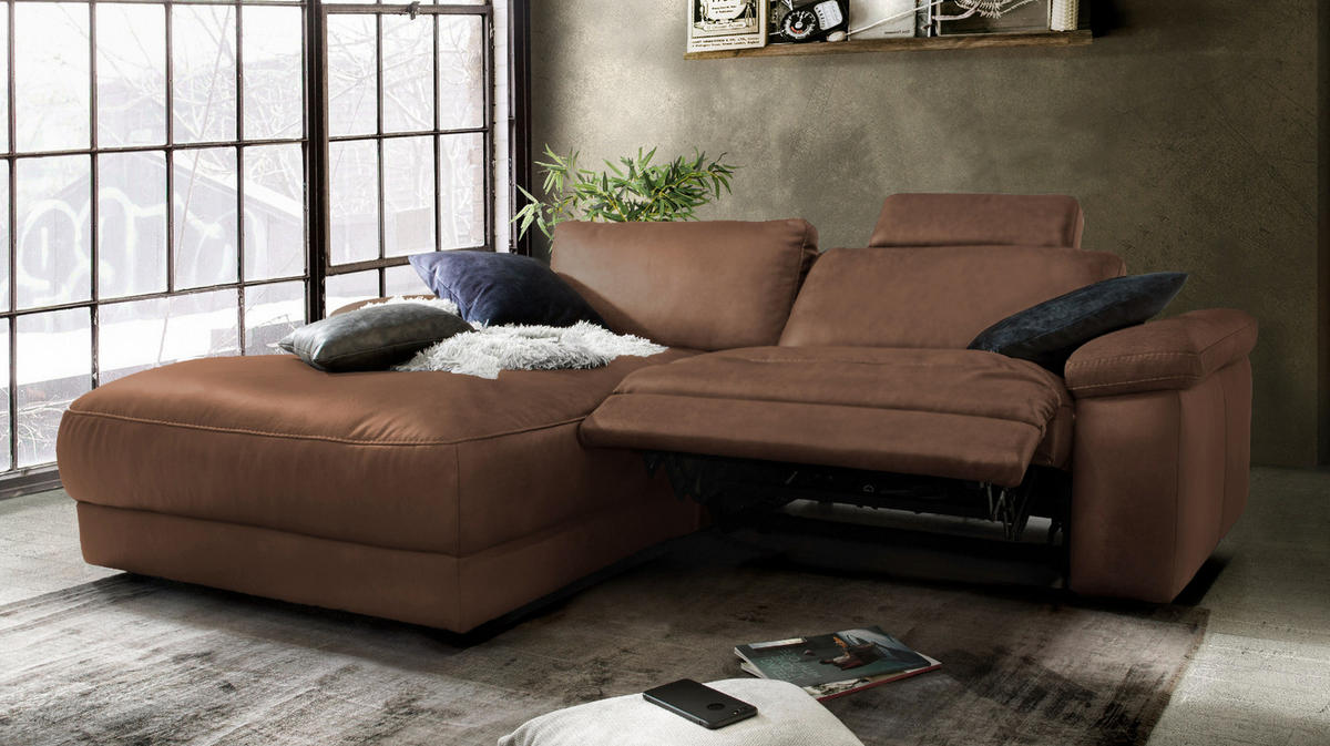 ECKSOFA MOTORISCH. RELAXFUNKTION LOLA Braun Leder - Dunkelbraun/Schwarz, Leder (233/178cm) - KAWOLA