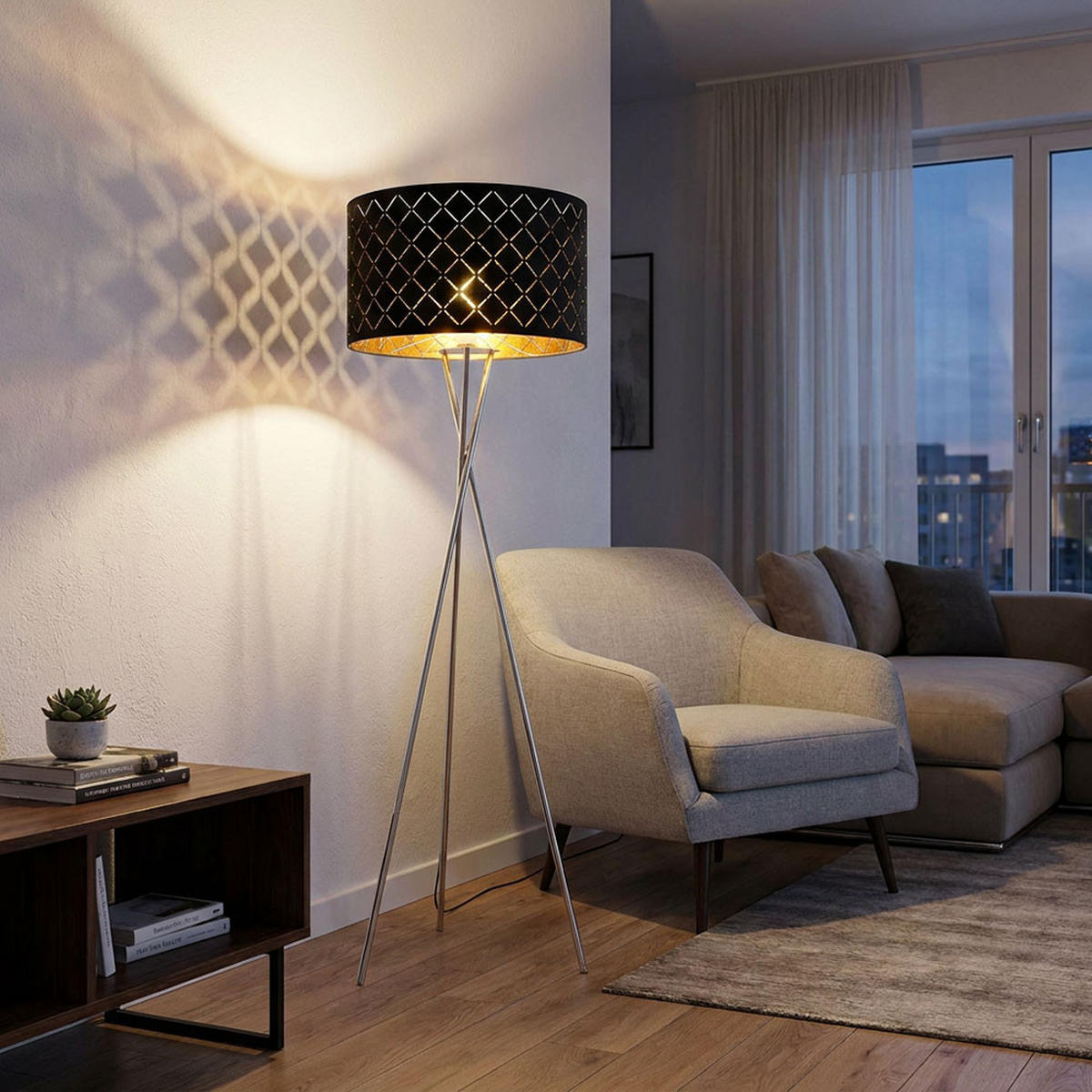 LED STEHLEUCHTE Metall Textil Schwarz Gold - Schwarz, Metall (62/62/160cm) - Globo Lighting