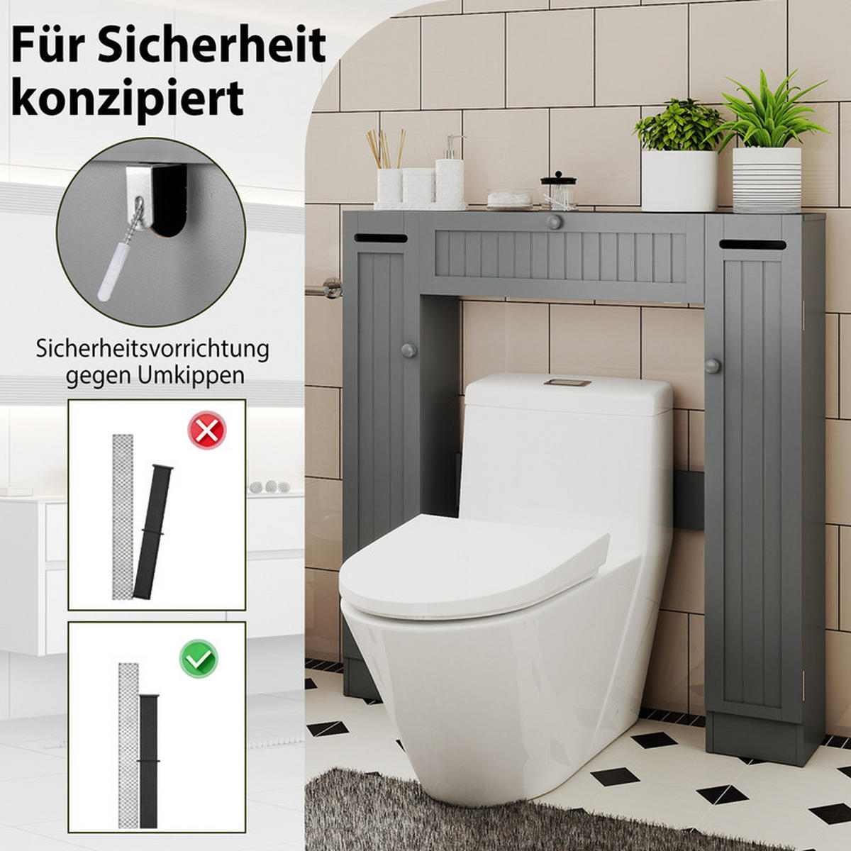 TOILETTENSCHRANK mit Toilettenpapierhalter grau - Grau, Holzwerkstoff (89/99/19.5cm) - COSTWAY