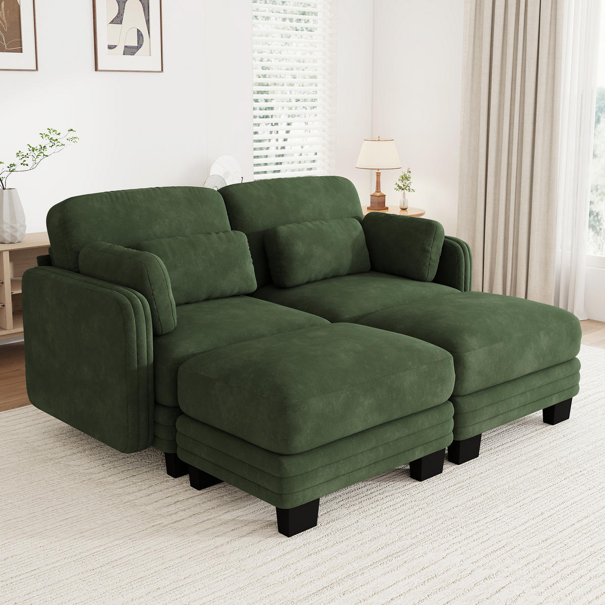 2-SITZER-SOFA mit 2 Ottomanen, DE-42686, Grün - Grün, Holz (176/88/143cm) - ComfortXL