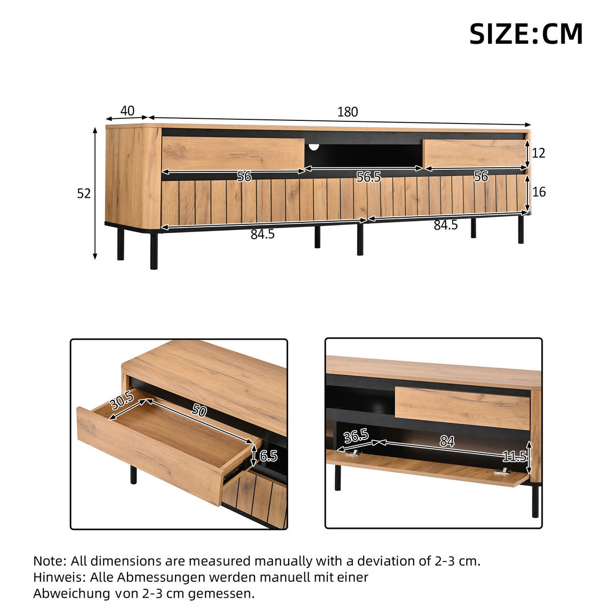 TV‑LOWBOARD in Eichenoptik mit Lamellenfront und Metallfüßen 180 × 40 × 52 cm - Eichefarben, Holzwerkstoff (180/52/40cm) - Luhomfu