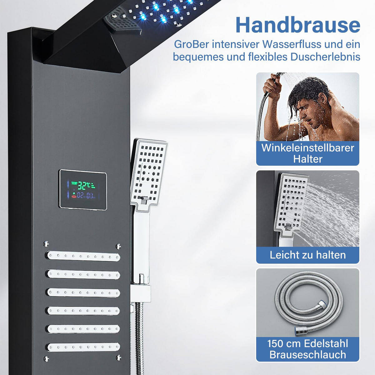 ÜBERKOPFBRAUSESET Edelstahl Hydromassage LED Digitalanzeige Schwarz - Schwarz, Metall (16/121/39cm) - Kaket