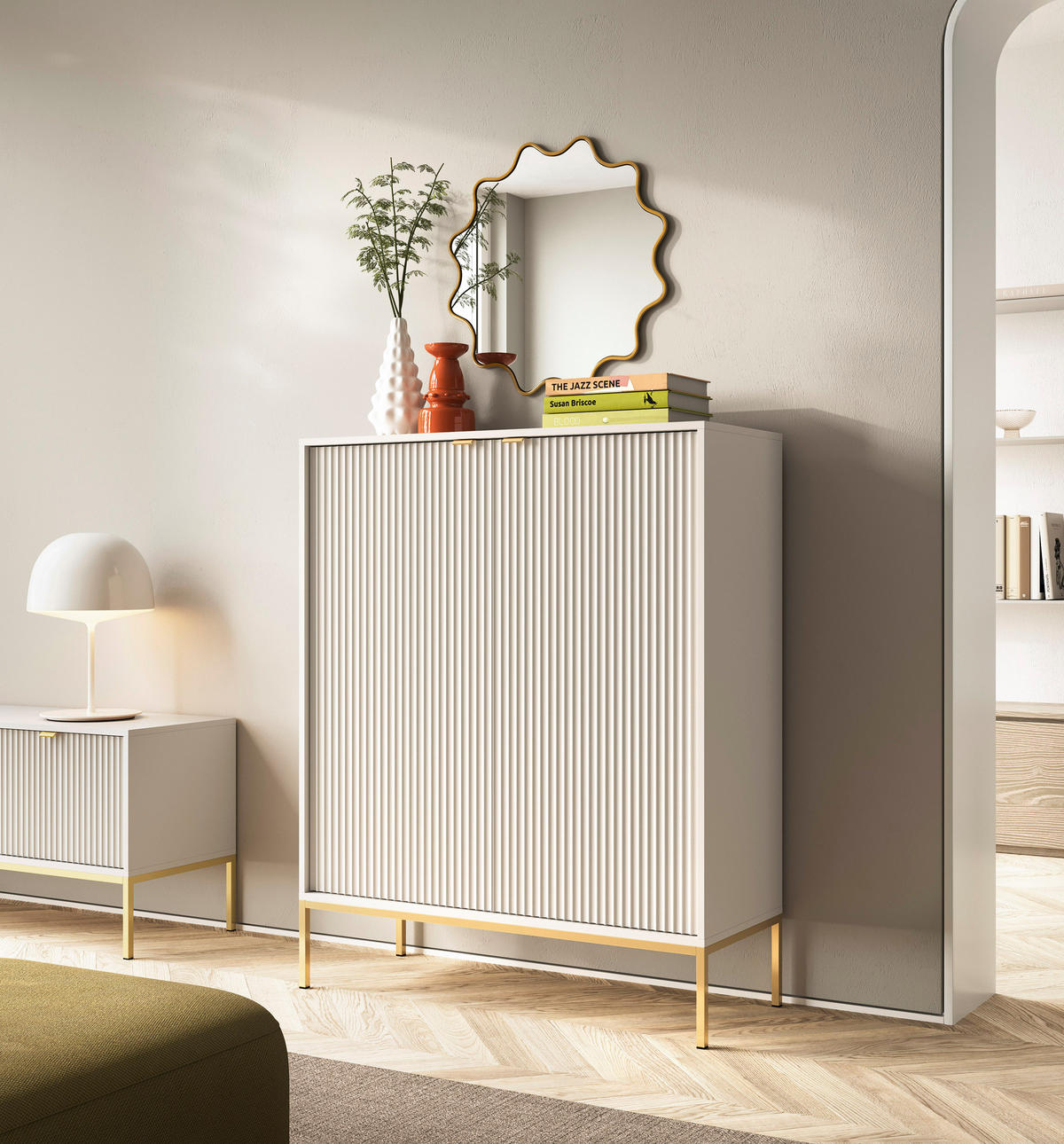KOMMODE Kaschmir NEW K104 Gerillt Goldfarben - Ecru, Holzwerkstoff (104/125/39cm) - Sepro Meble