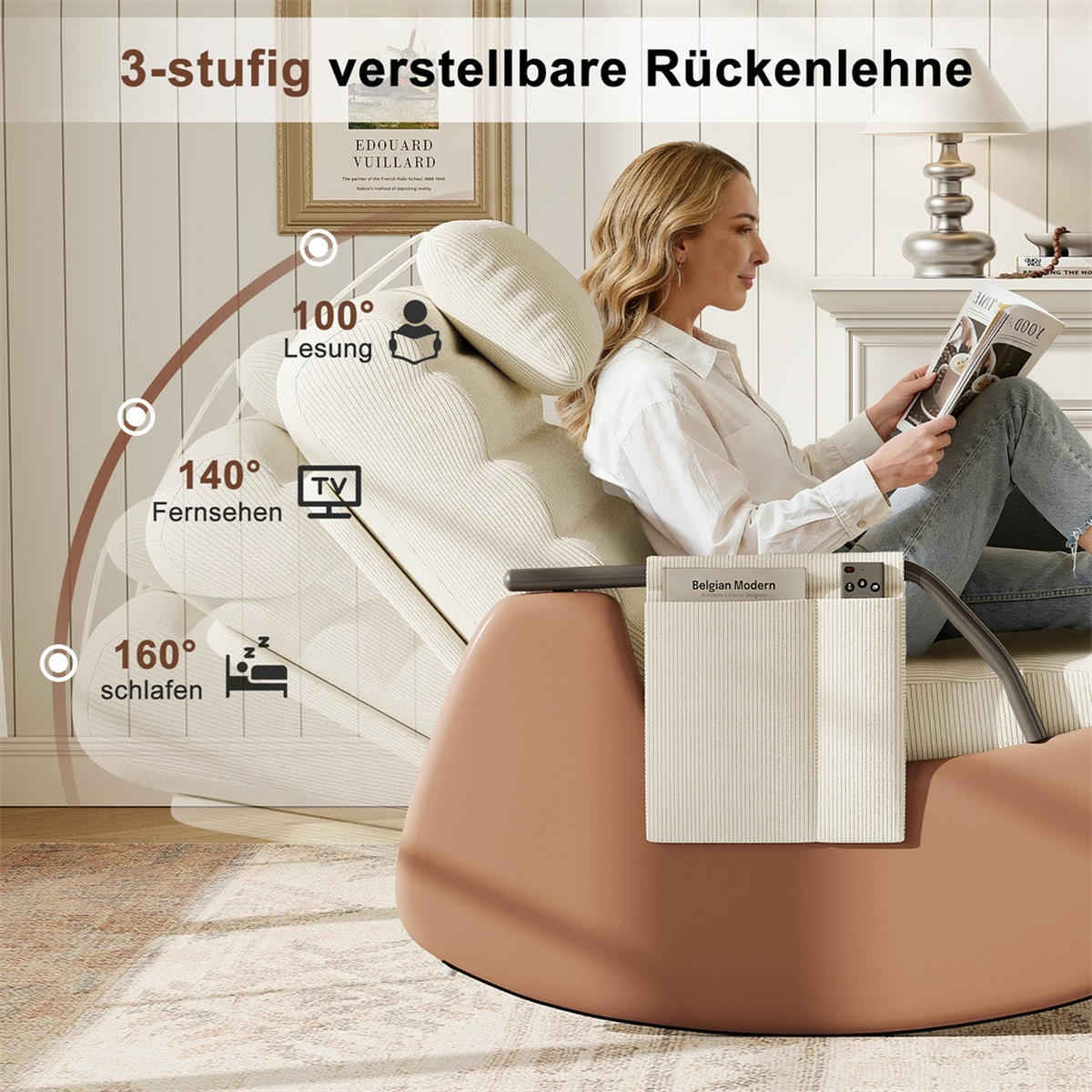 SCHAUKELSTUHL mit ausziehbarer Fußauflage und Kopfkissen - 3 stufig verstellbare Rückenlehne und Cord-Bezug - Beige - Beige, Textil (67/92/91.5cm) - DELFA