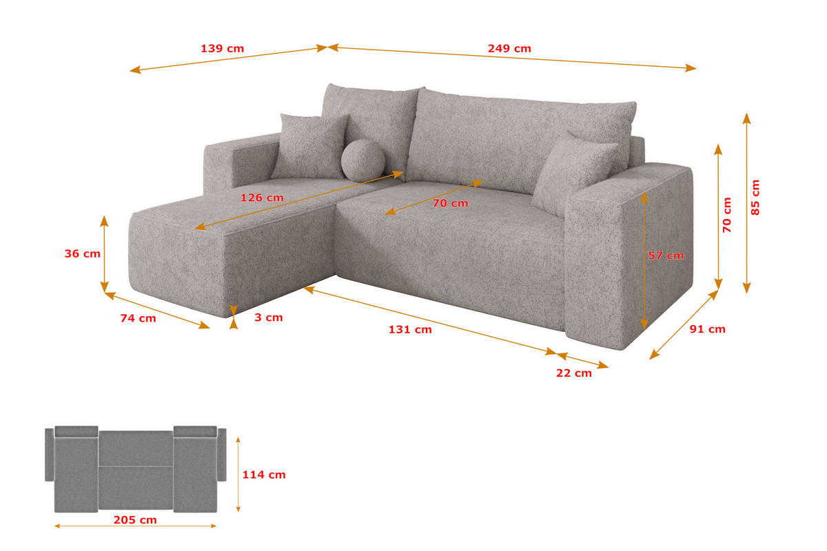 ROHOVÁ SEDAČKA s funkcí spaní, otoman vlevo SENO-L 249x139x85 světle šedá velur - černá/světle šedá, kompozitní dřevo/textil (249/139cm) - ALTDECOR