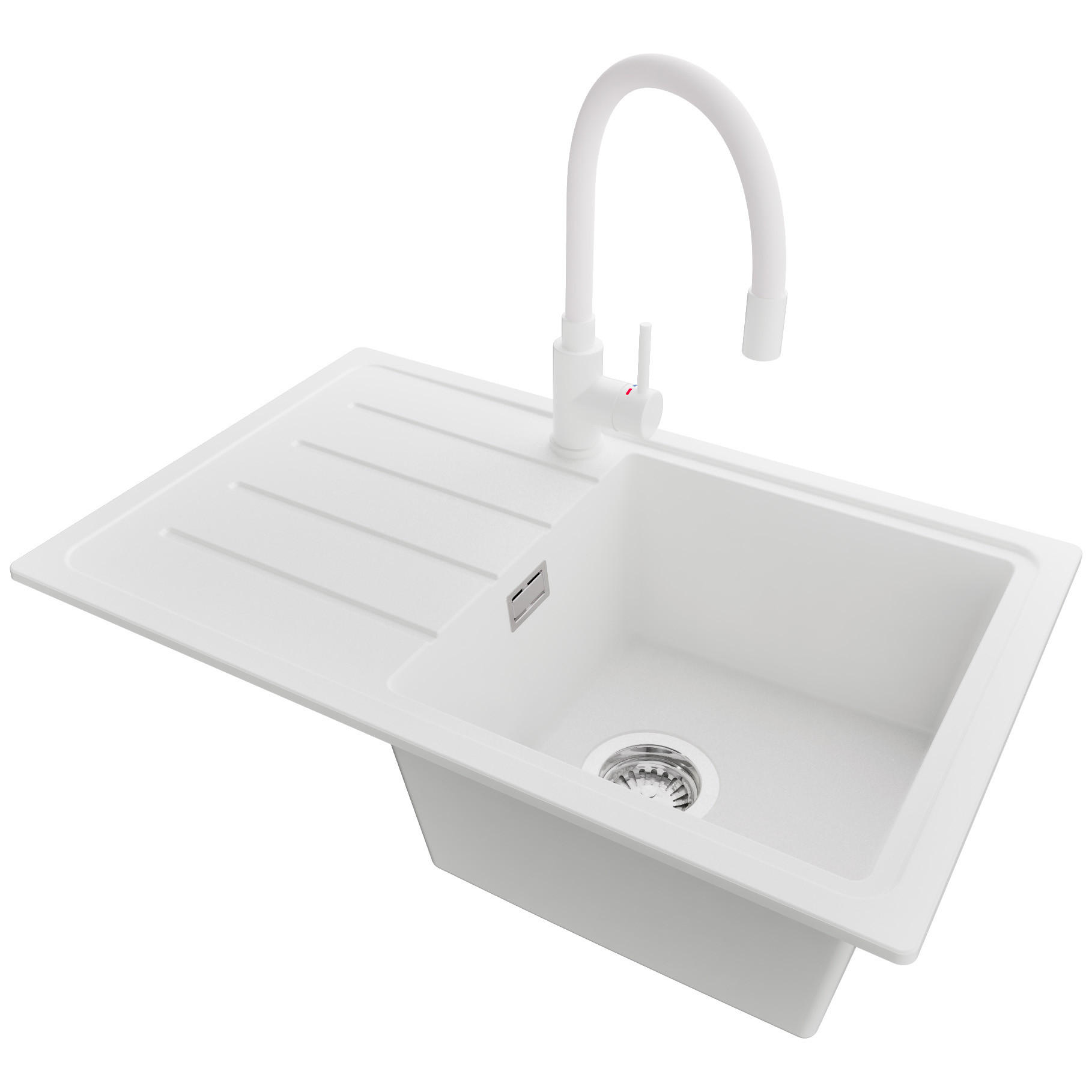 GRANITSPÜLE Kopenhagen Easy, 2-er set Weiß 70/44 cm 1 Becken + Küchenarmatur 38/14 cm + Ablauf-Set ab 45er Unterschrank - Chromfarben/Weiß, Kunststoff (70/20/44cm) - Primagran