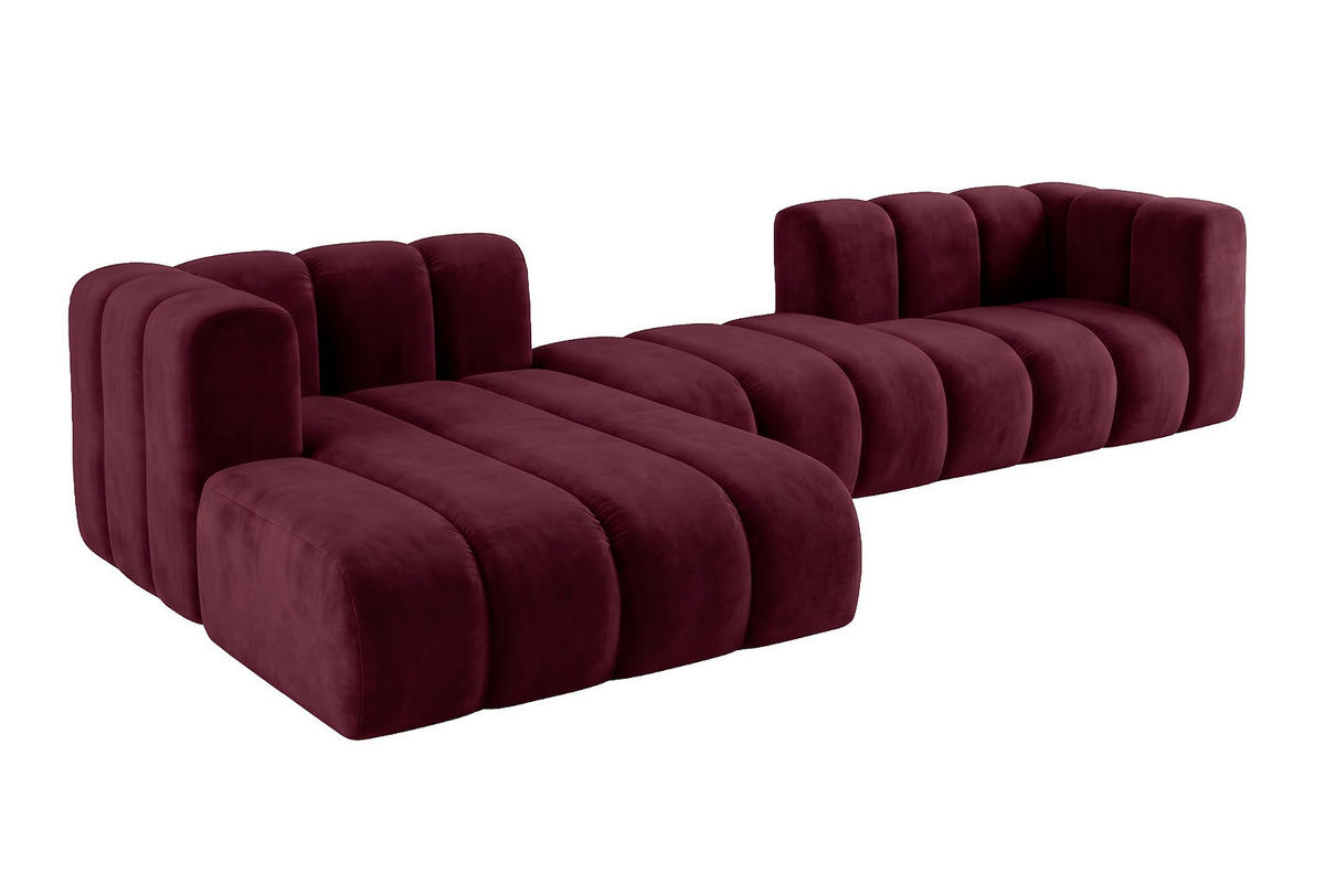 ECKSOFA Modulares In L-Form, Velvet-Stoff Riviera, Rotwein, Links, GRAND 319 cm - Dunkelrot, Holz (319/175cm) - Kaiser Möbel