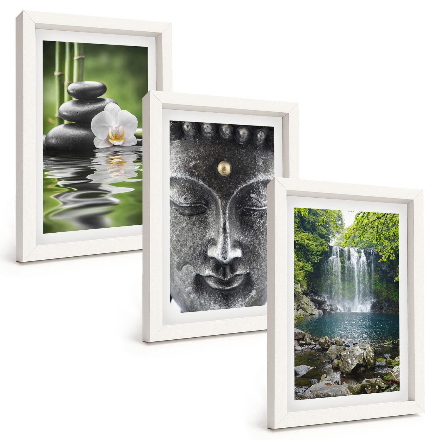 BILDER SET 3er Set - 20x30 cm Weißer Rahmen - Harmoniesteine Wasser Buddha - Weiß, Kunststoff (20/30cm) - TULUP