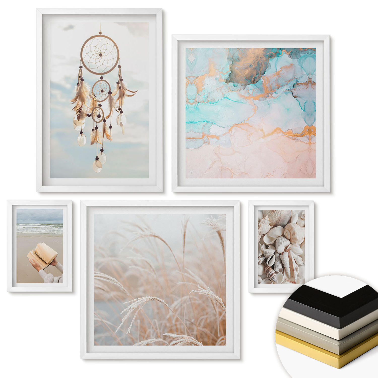 WANDBILDER 5er-Set - 50x50 cm & 20x30 cm & 40x60 cm Weißer Rahmen - Stadtansichten, Brücken, Eiffelturm, Auto - Weiß, Kunststoff (40/60cm) - ArtPrintCave