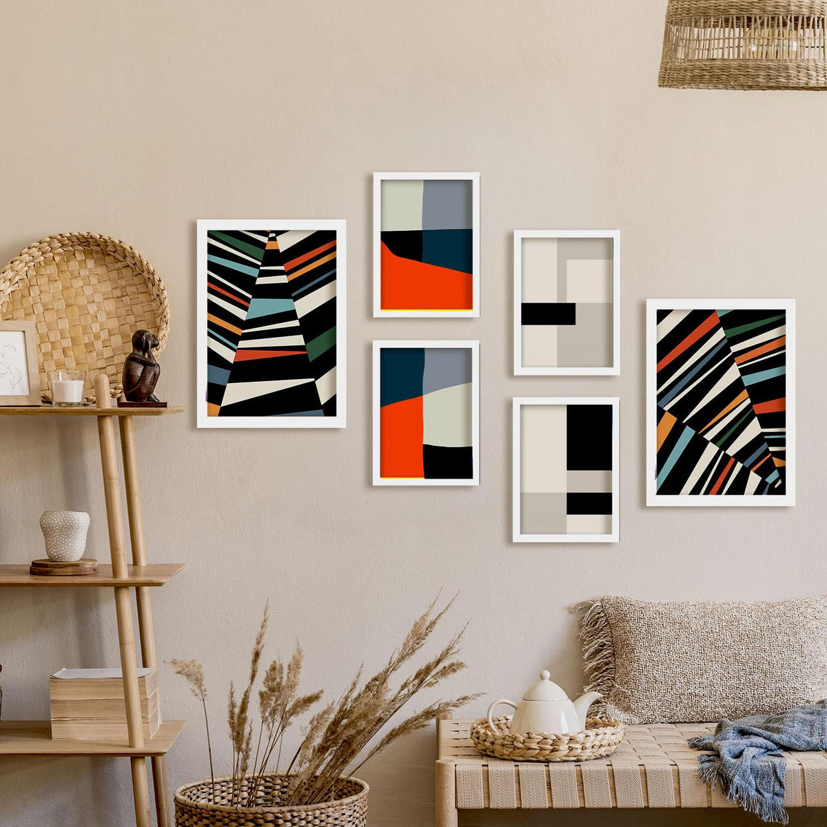 POSTER Set Mit 6 Pastiche Kunst In Form Abstracts Ästhetische Dekorative Gemälde Für Ihr Wohnzimmer, Schlafzimmer, Zuhause A3 & A4 Weißer Rahmen - Weiß, Papier (29/3cm) - Nacnic