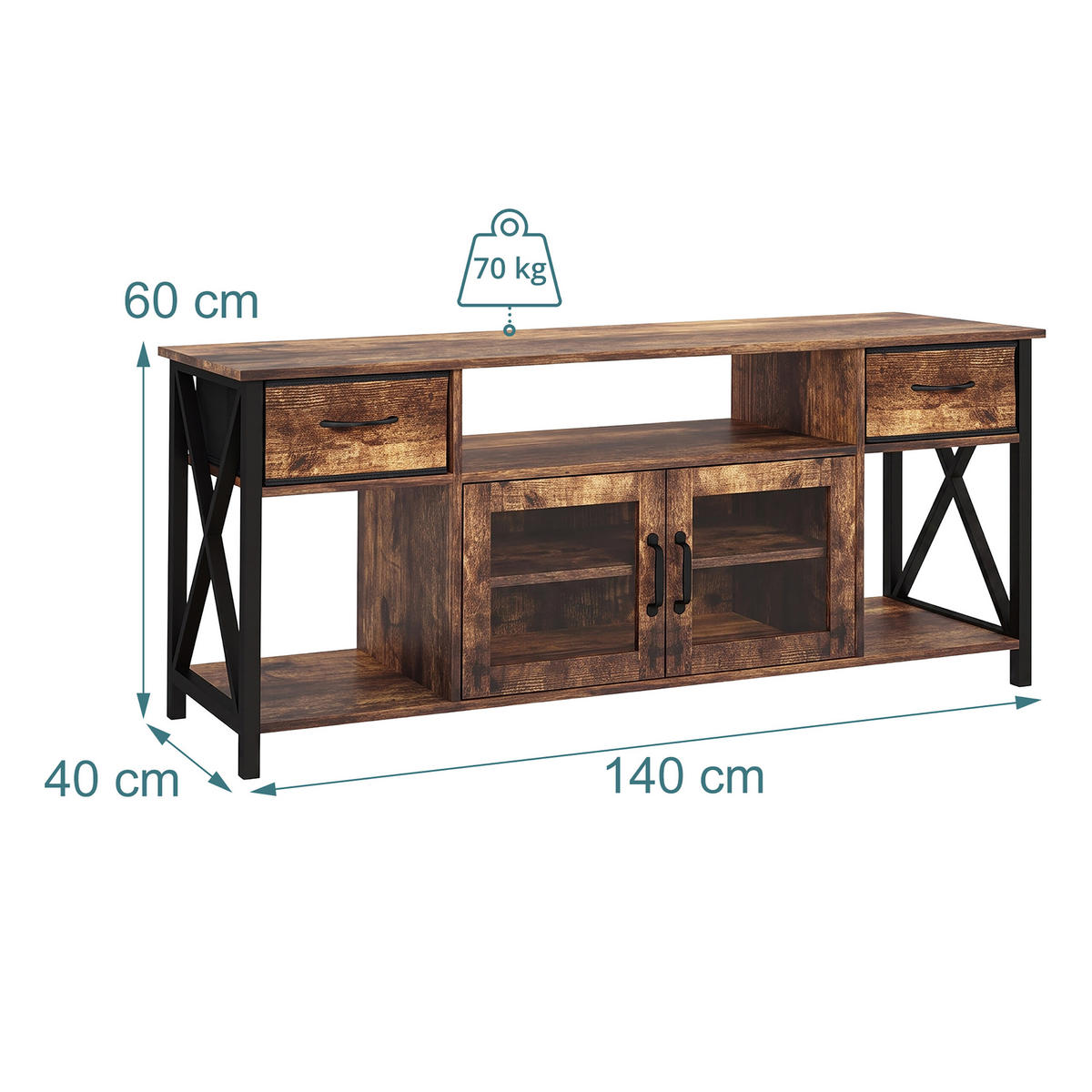 TV-LOWBOARD Braun Schwarz Industrial 140 cm - Braun, Holzwerkstoff/Textil (140/60/40cm) - Relaxdays
