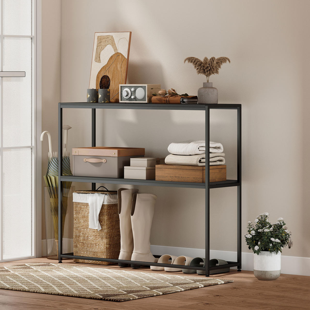 KONSOLENTISCH DE-16823 Minimalistisch, 2 Ablagen, Stahl Schwarz - Schwarz, Holzwerkstoff (100/30/87cm) - ComfortXL