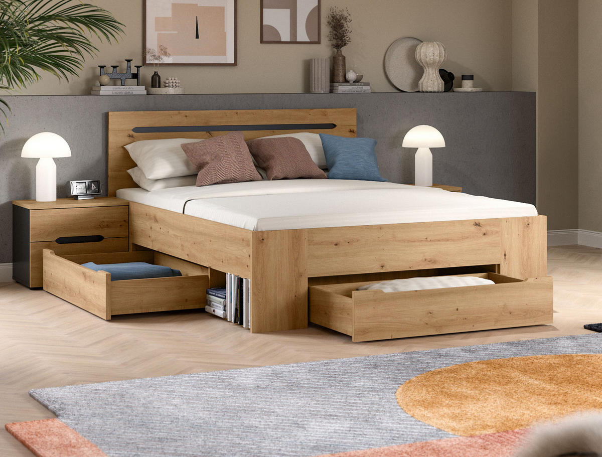 BETT Eiche, grau Liegefläche 140 x 200 cm, Stauraumbett mit 3x Bettschubkasten - Eiche Artisan/Grau, Holzwerkstoff/Metall - Inn.Furn