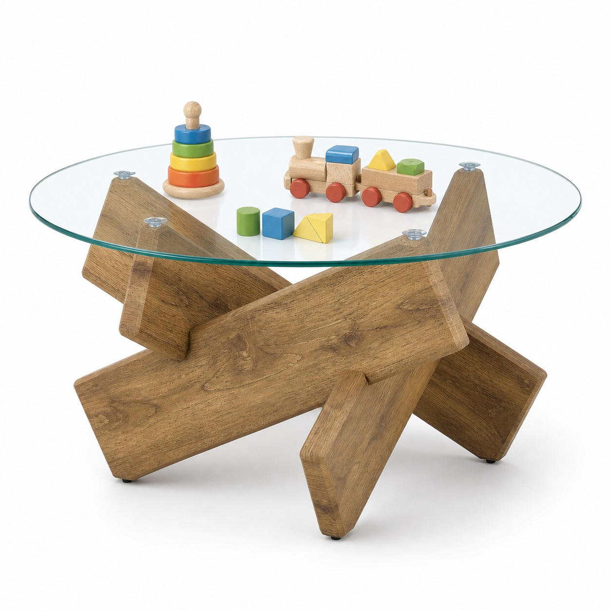 COUCHTISCH in Naturfarbe Wohnzimmertisch mit Kreativer kreuzförmiger Holzrahmen für Wohnzimmer, B79/T79/H45 cm - Transparent/Naturfarben, Glas/Holzwerkstoff (79/79/45cm) - STILVORA