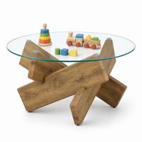 COUCHTISCH in Naturfarbe Wohnzimmertisch mit Kreativer kreuzförmiger Holzrahmen für Wohnzimmer, B79/T79/H45 cm - Transparent/Naturfarben, Glas/Holzwerkstoff (79/79/45cm) - STILVORA