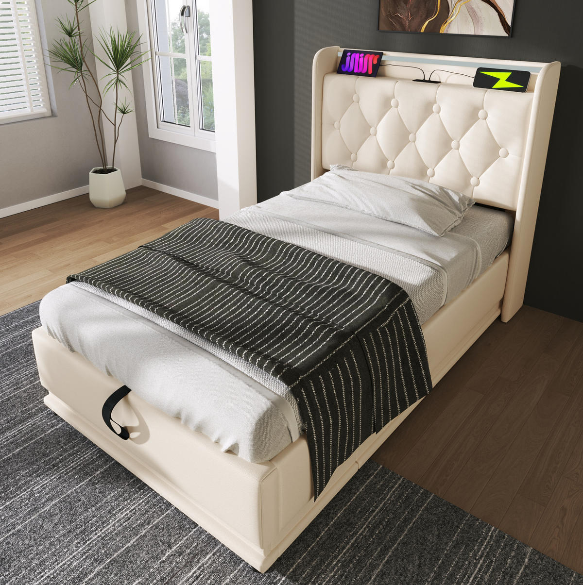 POLSTERBETT 90/200 cm in Weiß mit LED-Beleuchtung, Stauraum und USB/Type-C - Weiß, Kunststoff (90/200cm) - Flora Grace