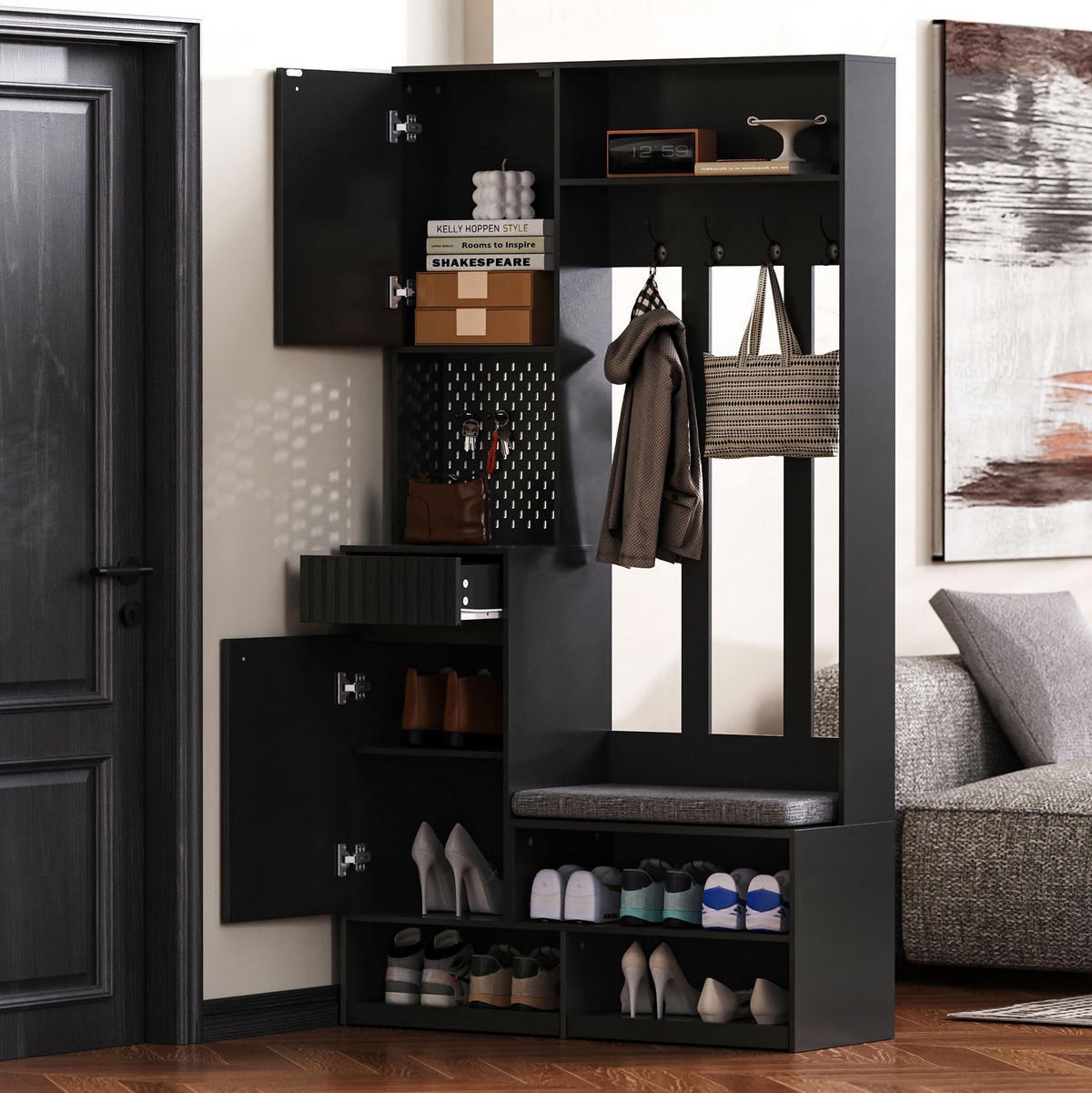 GARDEROBE 35/100/180 cm schwarz aus MDF mit Sitzbank und Schubladen - Schwarz, Holzwerkstoff (100/180/35cm) - OKWISH