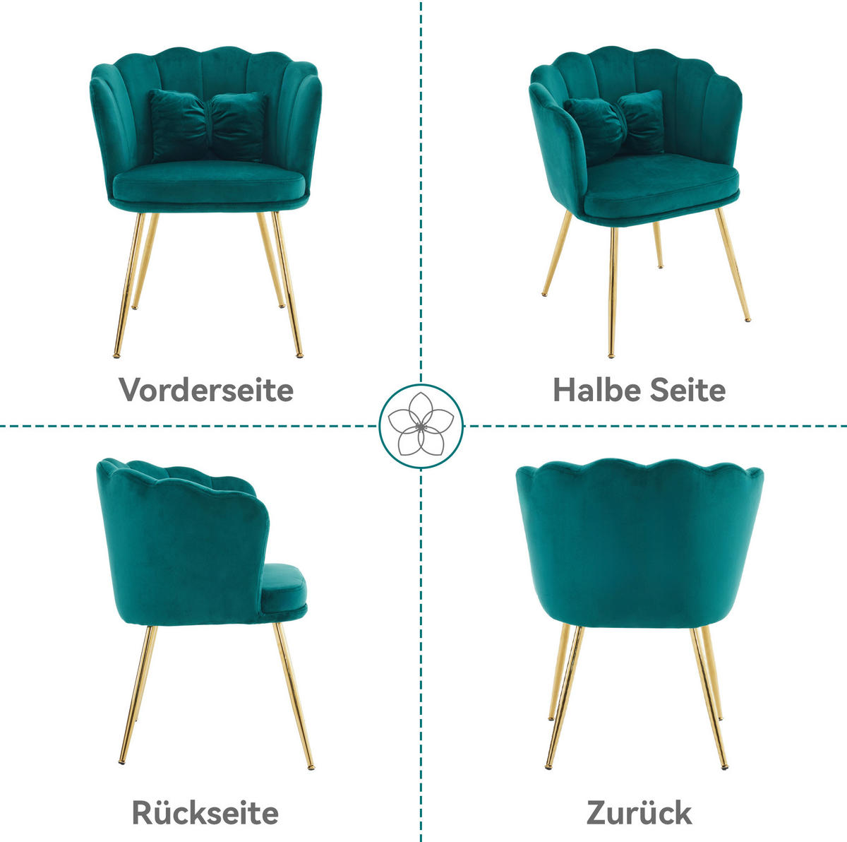 SESSEL 63x58x77 cm in Grün, Samt mit Blütenblatt-Design, vergoldete Metallbeine - Grün, Textil (58/77/63cm) - Modfu