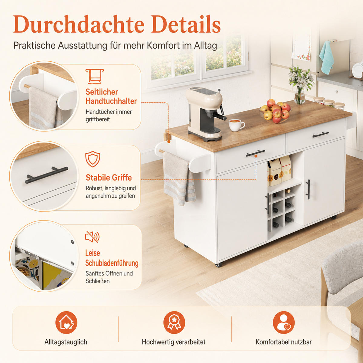 KÜCHENINSEL DE-41512 120/45/84 cm, klappbare Arbeitsplatte, Weinregal Weiß - Weiß, Holzwerkstoff (120/84/45cm) - ComfortXL