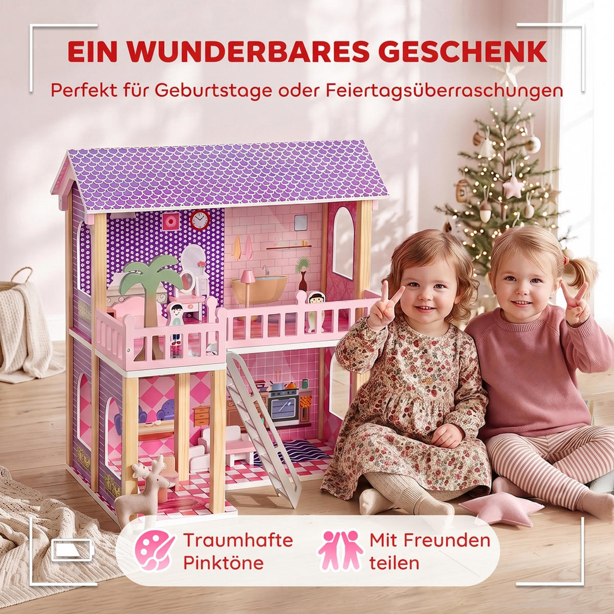 PUPPENHAUS MDF Kiefernholz Rosa - Rosa, Holzwerkstoff (40/69/64cm) - AIYAPLAY